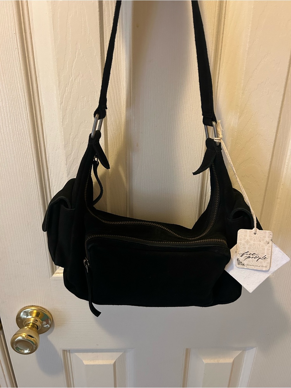 Free People Black Sueded Shoulder Bag with Front Zip Pocket